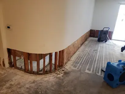 Bottom section of drywall removed from a wall, blue dehumidifier and mats beside it