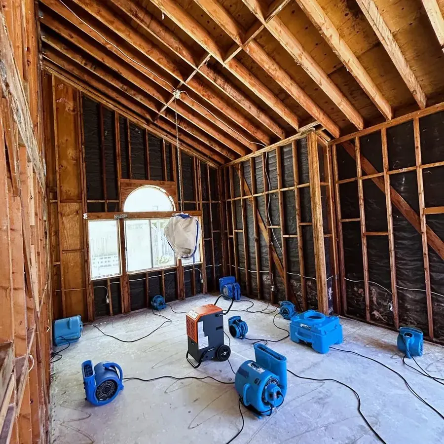 Gutted room opened to the studs, raftered ceiling above, blue air movers on the bare floor