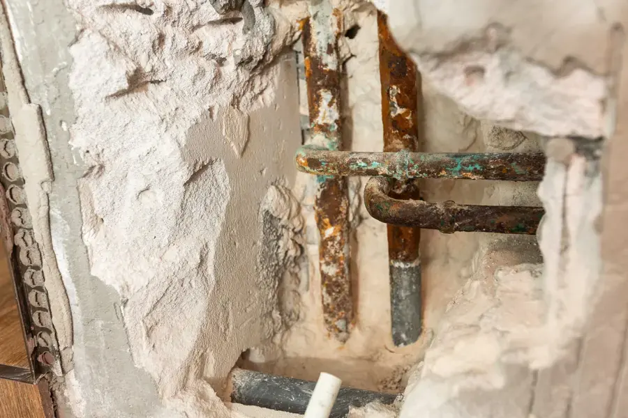 Corroded copper water pipes exposed in an opened wall after a pipe failure