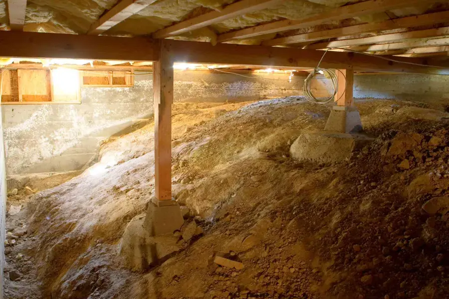 Raised-foundation crawlspace with damp soil under the floor framing
