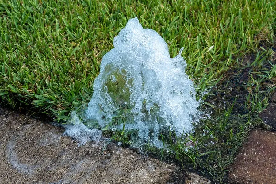 Broken sprinkler pipe bubbling water up through a lawn beside a walkway