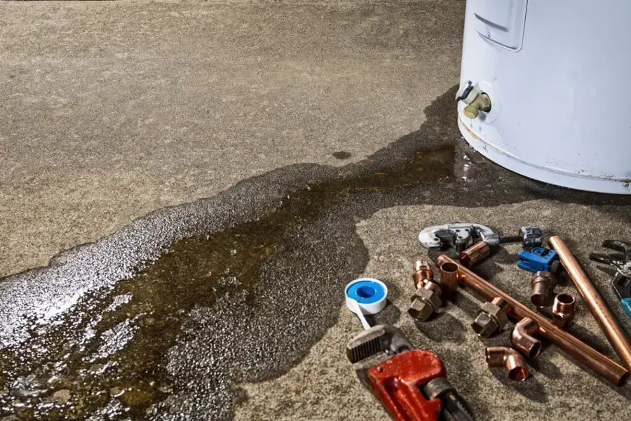 Water spreading across a garage floor from a leaking water heater tank